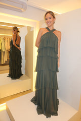 VESTIDO LONGO CAMADAS FRENTE ÚNICA VERDE OLIVA