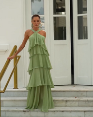VESTIDO LONGO FRENTE ÚNICA CAMADAS LISO