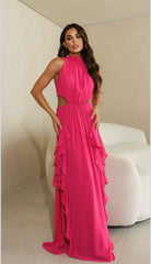 VESTIDO GOLA ALTA COM FRANZIDO E BABADO PINK