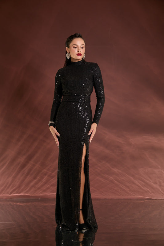 VESTIDO LONGO PAETÊ DECOTE COSTAS E FAIXA PRETO