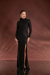 VESTIDO LONGO PAETÊ DECOTE COSTAS E FAIXA PRETO