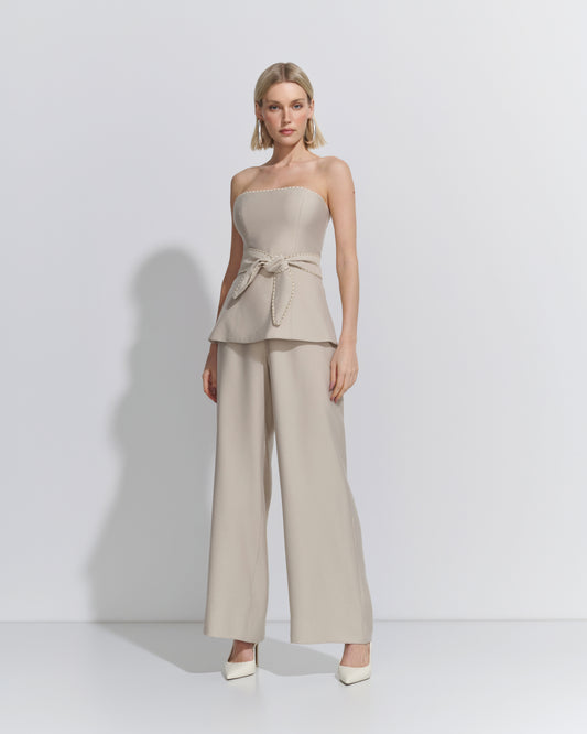 CONJUNTO BLUSA STRAPLESS CALÇA WIDE LEG CORDÃO AREIA