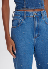 CALCA JEANS WIDE LEG HIGH BORDADA