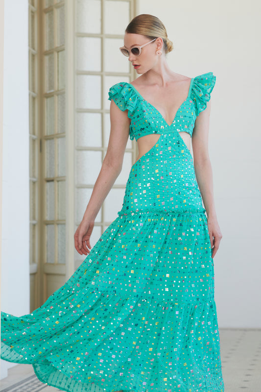 VESTIDO LONGO BABADO PAETE LIZ