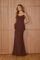 VESTIDO LONGO ALESSANDRA BABADOS COFFEE