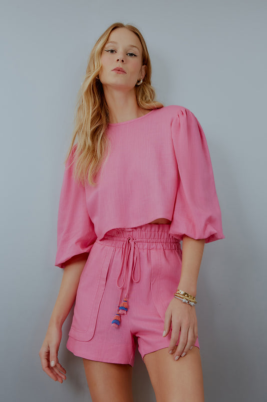 CONJUNTO LINHO VIETNA DETALHE POMPOM ROSA