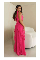 VESTIDO GOLA ALTA COM FRANZIDO E BABADO PINK