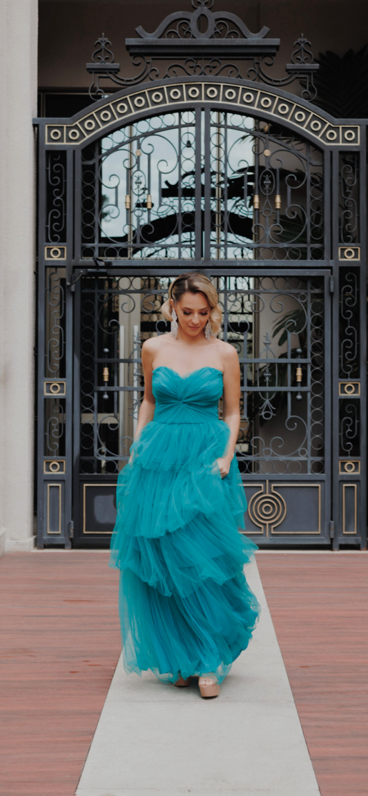 VESTIDO LONGO TULE TOMARA QUE CAIA SAIA CAMADAS VERDE