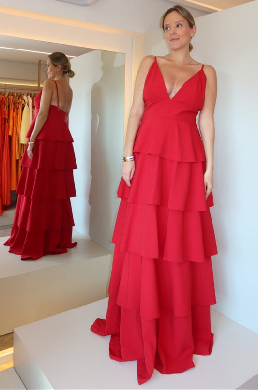 VESTIDO ALCINHA COM SAIA CAMADAS JABOUR VERMELHO
