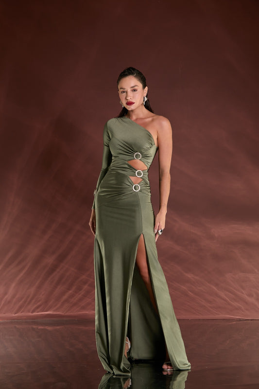 VESTIDO LONGO TRIO FIVELAS VAZADO VERDE OLIVA