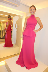 VESTIDO LONGO GOLA ALTA E PEPLUM PINK