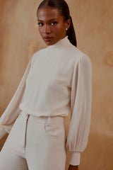 BLUSA MANGA LONGA DETALHE CANELADO MADREPEROLA / NUDE