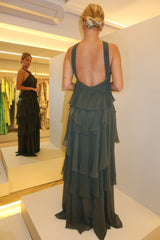 VESTIDO LONGO CAMADAS FRENTE ÚNICA VERDE OLIVA