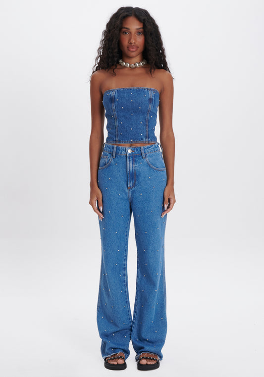 CALCA JEANS WIDE LEG HIGH BORDADA