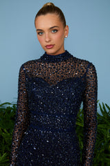 VESTIDO LONGO LENA GOLA ALTA NAVY