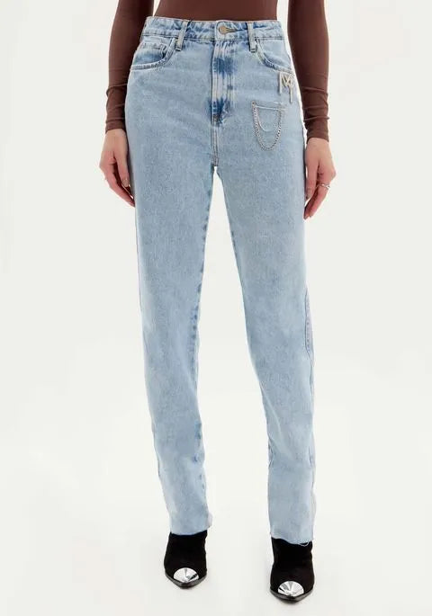 CALCA JEANS RETA SUPER HIGH DETALHE ALFINETE