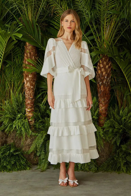 VESTIDO MIDI MANGA RECORTES ORGANZA OFF WHITE