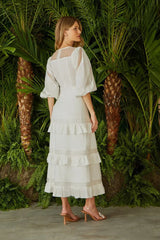 VESTIDO MIDI MANGA RECORTES ORGANZA OFF WHITE