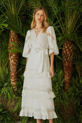 VESTIDO MIDI MANGA RECORTES ORGANZA OFF WHITE