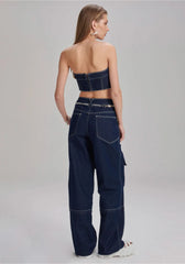 CALCA JEANS WIDE LEG SUPER HIGH PESPONTO BRANCO