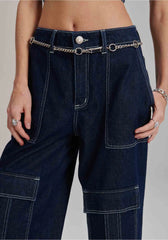 CALCA JEANS WIDE LEG SUPER HIGH PESPONTO BRANCO