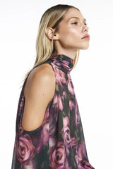 BLUSA OMBRO DE FORA GOLA ALTA COM FAIXA ASSIMÉTRICA PARA AMARRAR