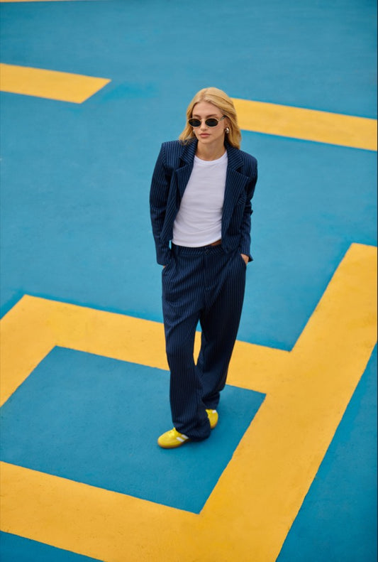 CALÇA ALFAIATARIA FULL LENGTH AZUL MARINHO RISCA DE GIZ