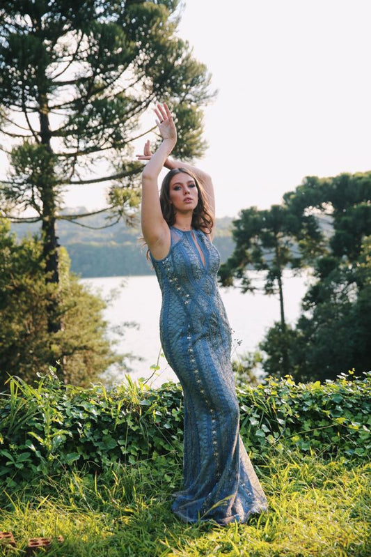 VESTIDO LONGO BORDADO AZUL IRIS
