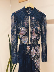 VESTIDO MIDI PATRICIA BONALDI RENDA AZUL MARINHO