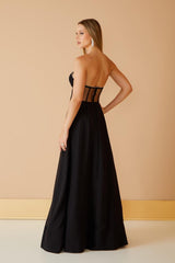 VESTIDO LONGO DECOTE STRASS PRETO