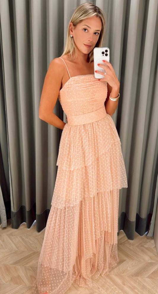 VESTIDO LONGO POÁ PLISSADO AZUL / ROSE MARCELO QUADROS