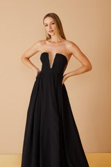VESTIDO LONGO DECOTE STRASS PRETO