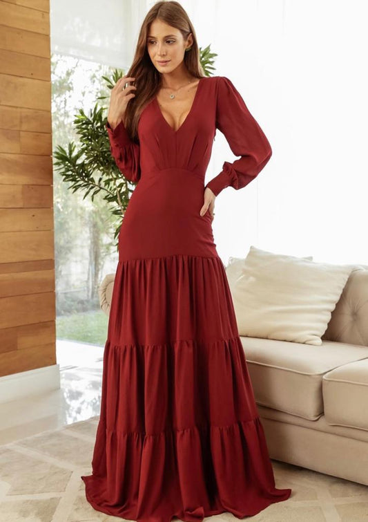 VESTIDO LONGO SUÉCIA MANGA LONGA MARSALA