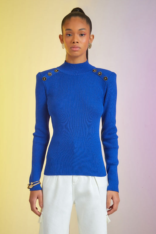 BLUSA TRICOT TARJA BOTOES ESTRELA OFF WHITE / AZUL