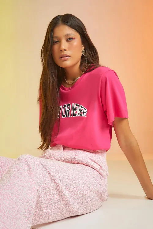 T-SHIRT MALHA SILK NOW OR NEVER AZUL / ROSA