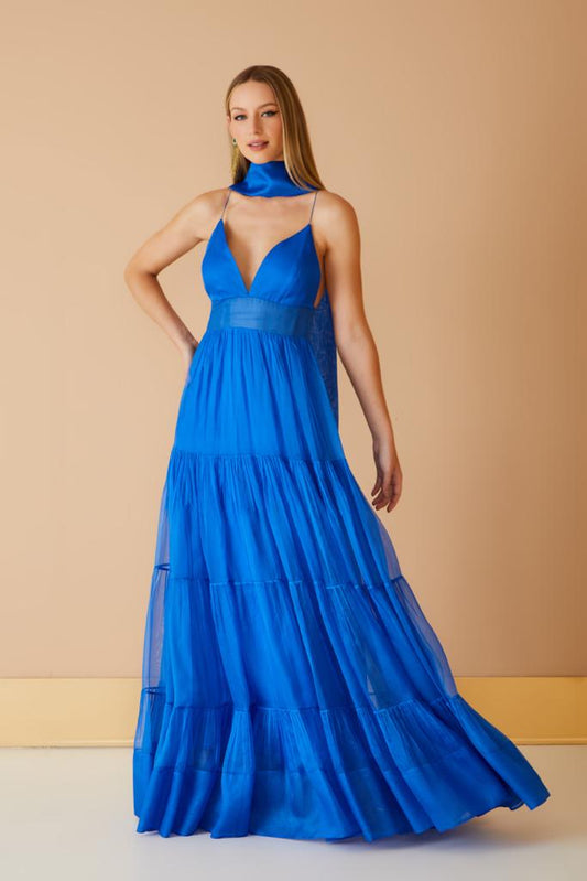 VESTIDO LONGO BOTOES COSTAS AZUL KLEIN