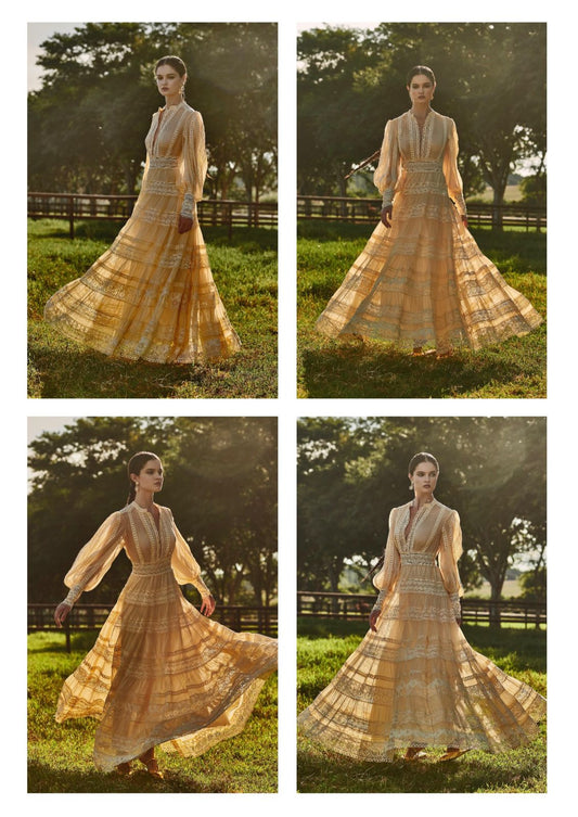 VESTIDO LONGO ENTREMEIOS TRANSP AMARELO