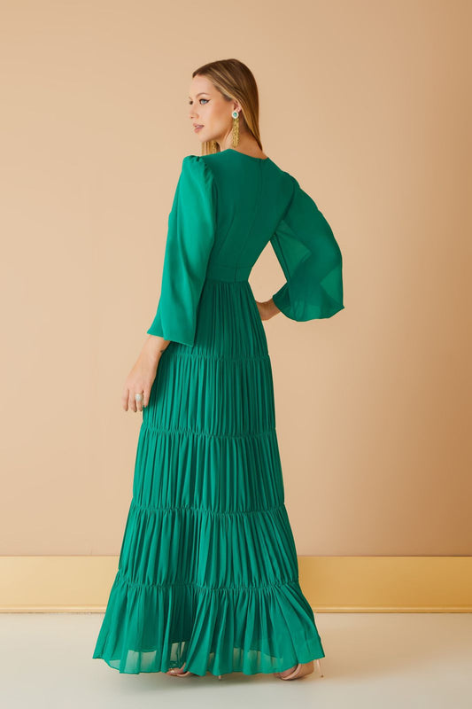 VESTIDO LONGO FRANZIDO VERDE ESMERALDA