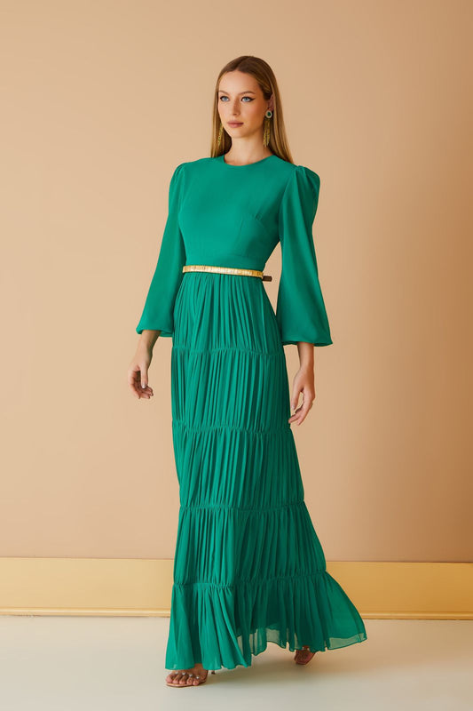 VESTIDO LONGO FRANZIDO VERDE ESMERALDA