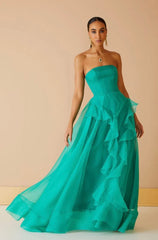 VESTIDO LONGO ORGANZA BABADO VERDE ESMERALDA