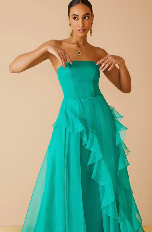 VESTIDO LONGO ORGANZA BABADO VERDE ESMERALDA