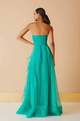 VESTIDO LONGO ORGANZA BABADO VERDE ESMERALDA