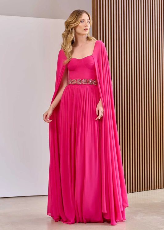 VESTIDO LONGO DE FESTA COM CAPA REMOVÍVEL ROSA PINK