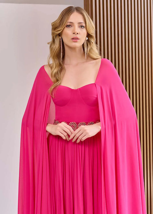 VESTIDO LONGO DE FESTA COM CAPA REMOVÍVEL ROSA PINK