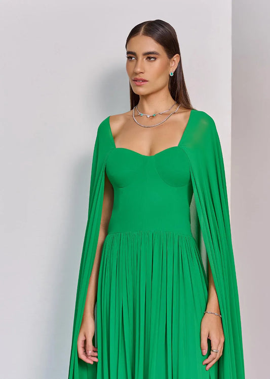 VESTIDO LONGO DE FESTA COM CAPA REMOVÍVEL VERDE