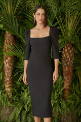 VESTIDO MIDI DECOTE QUADRADO PRETO