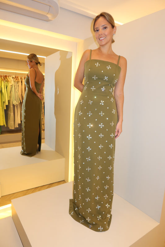 VESTIDO LONGO DECOTE RETO BORDADO VERDE OLIVA