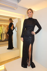 VESTIDO LONGO PAETÊ DECOTE COSTAS E FAIXA PRETO