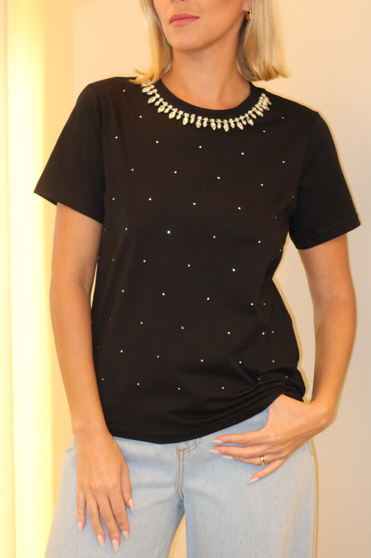 BLUSA GOLA STRASS COM BRILHO PRETO
