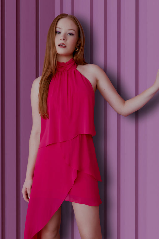 VESTIDO MOUSSELINE ASSIMÉTRICO BABADO ROSA DE DAMASCO